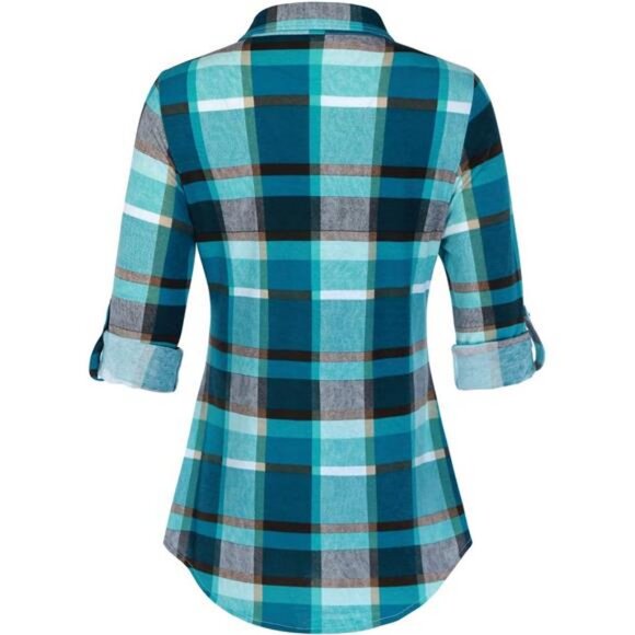 Womens Soft Stretchy Knit Plaid Shirts Roll Up Collared Button Down Blouses Tops - Picture 3 of 6